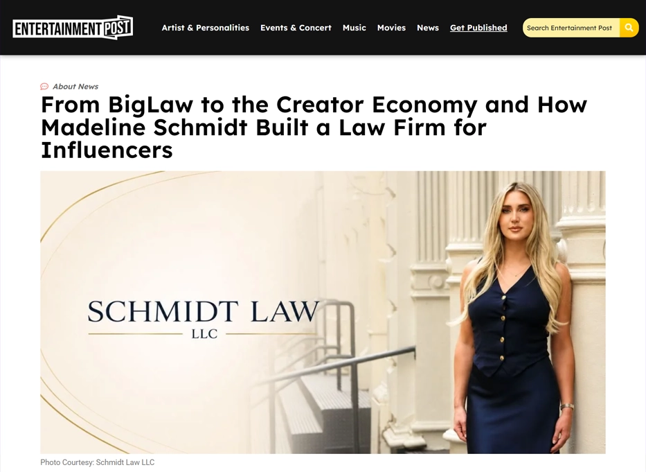 Entertainment Post feature on Madeline Schmidt building a law firm for the creator economy